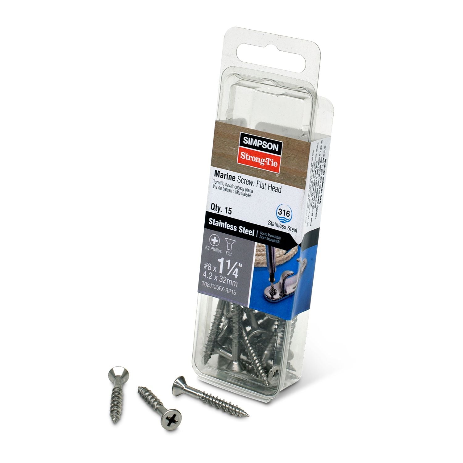 Simpson Strong-Tie T08J125FX-RP15 Marine Screw, Flat Head,  #8 x 1-1/4-in. #2 Phillips Drive, Type 316, 15-Pack