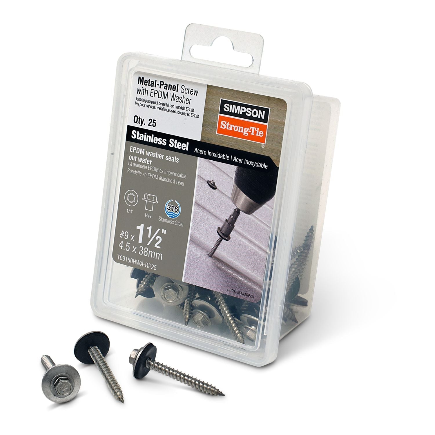 Simpson Strong-Tie T09150HWA-RP25 Metal-Panel Screw with EPDM Washer,  #9 x 1-1/2-in. Hex Head, Type 316, 25-Pack