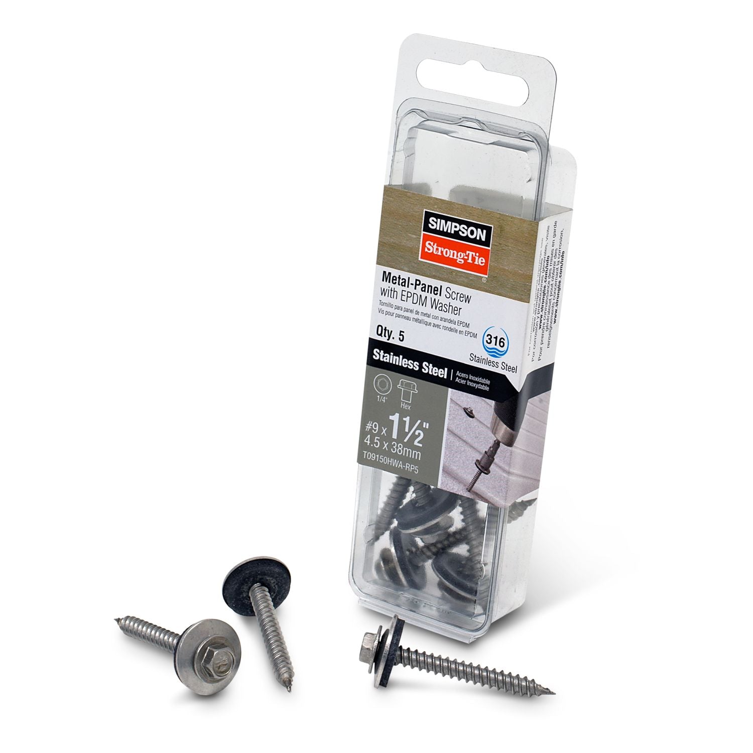 Simpson Strong-Tie T09150HWA-RP5 Metal-Panel Screw with EPDM Washer,  #9 x 1-1/2-in. Hex Head, Type 316, 5-Pack