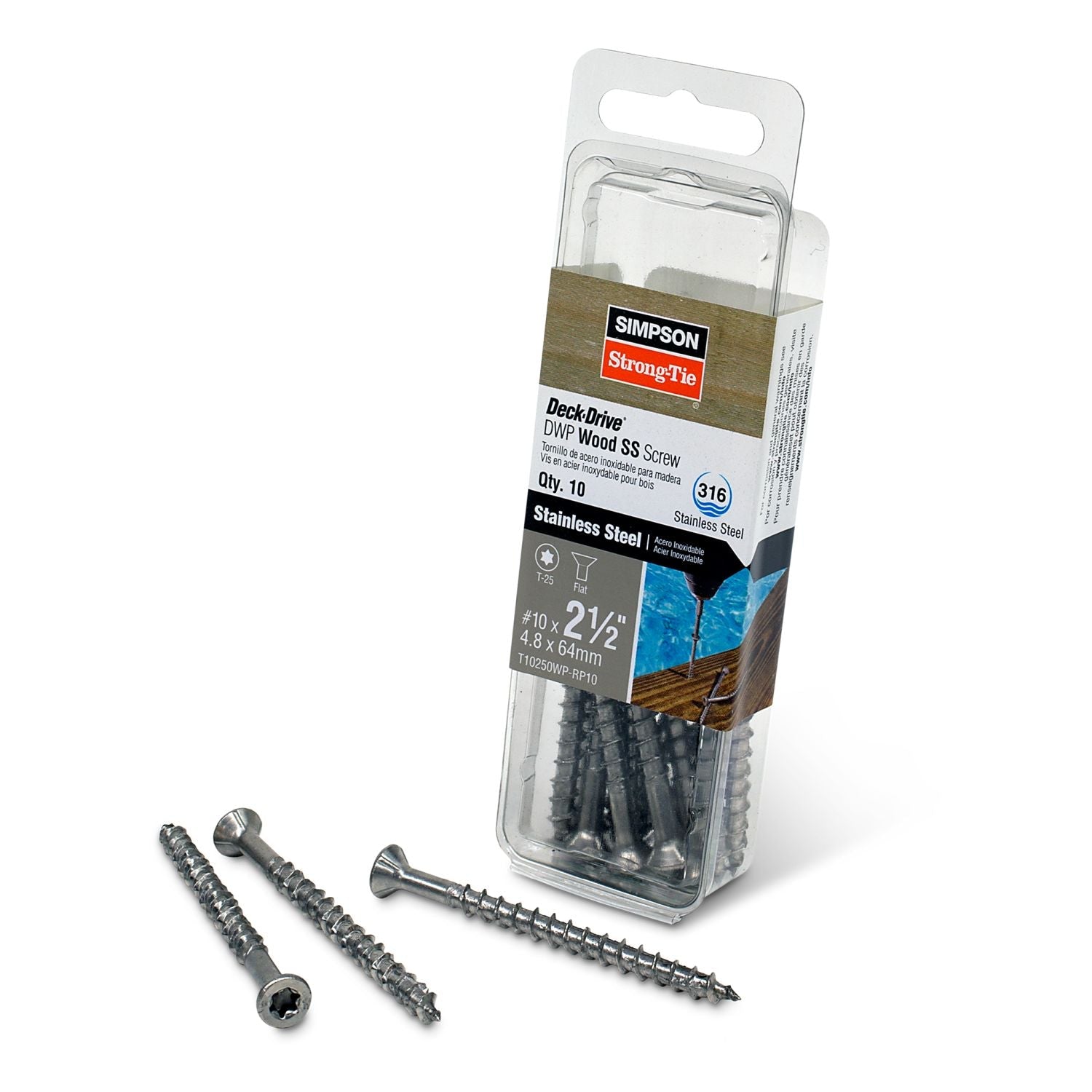 Simpson Strong-Tie T10250WP-RP10 Deck-Drive DWP WOOD SS Screw,  #10 x 2-1/2-in. T25, Flat Head, Type 316, 10-Pack