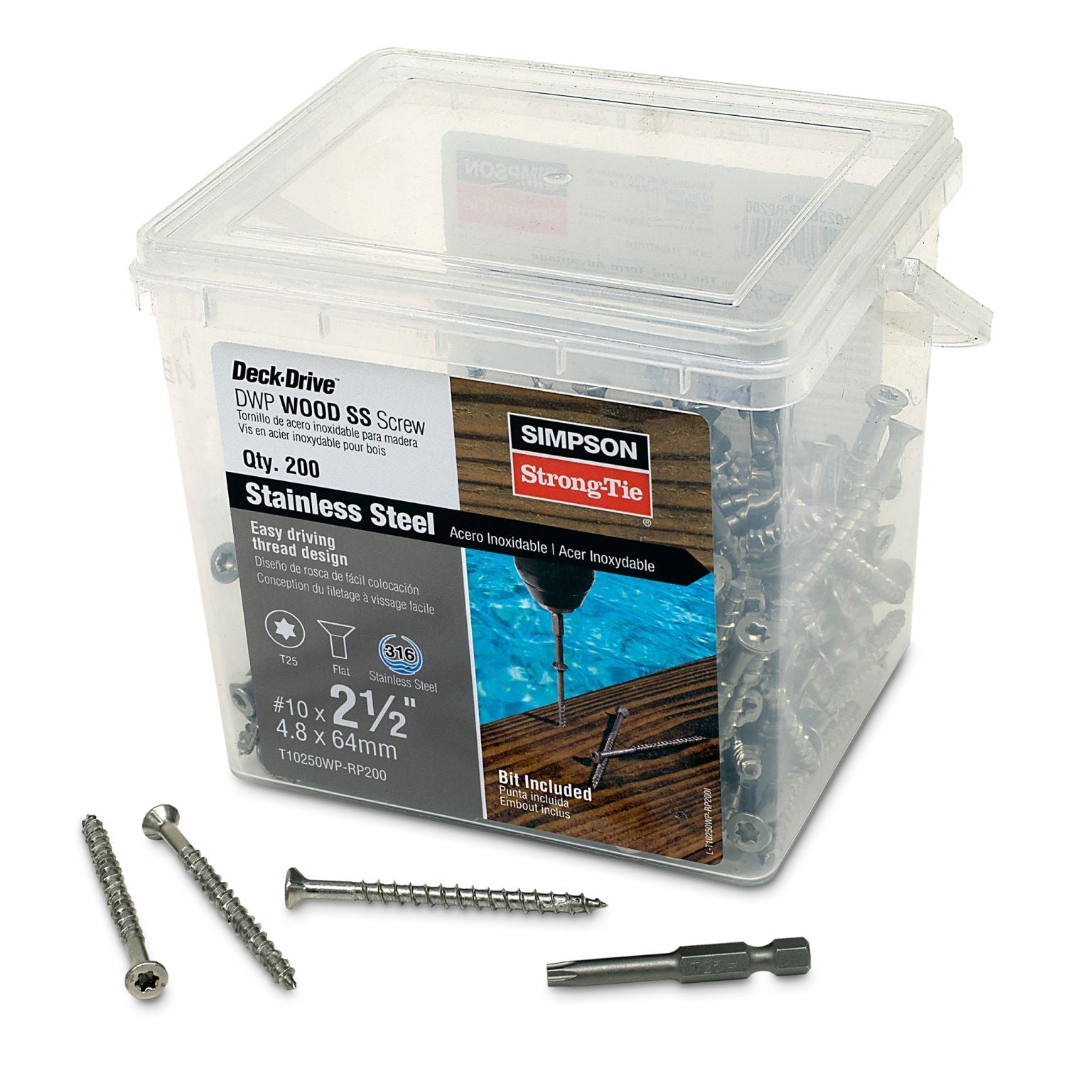 Simpson Strong-Tie T10250WP-RP200 Deck-Drive DWP WOOD SS Screw,  #10 x 2-1/2-in. T25, Flat Head, Type 316, 200-Pack