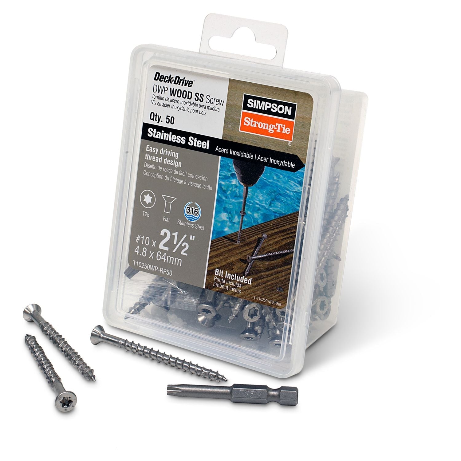 Simpson Strong-Tie T10250WP-RP50 Deck-Drive DWP WOOD SS Screw,  #10 x 2-1/2-in. T25, Flat Head, Type 316, 50-Pack