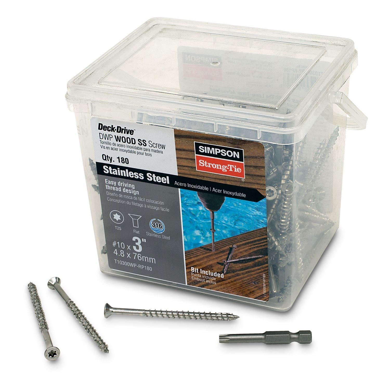Simpson Strong-Tie T10300WP-RP180 Deck-Drive DWP WOOD SS Screw,  #10 x 3-in. T25, Flat Head, Type 316, 180-Pack