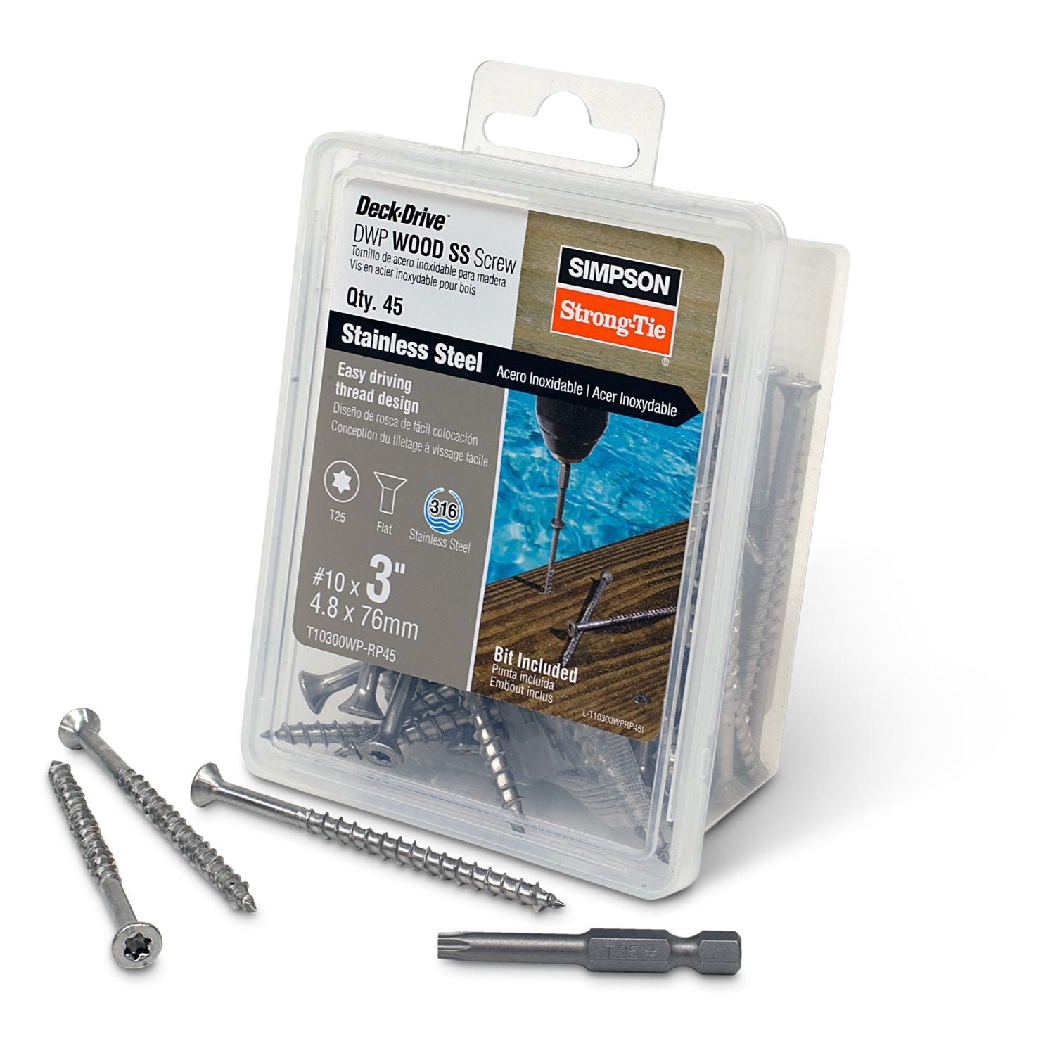 Simpson Strong-Tie T10300WP-RP45 Deck-Drive DWP WOOD SS Screw,  #10 x 3-in. T-25, Flat Head, Type 316, 45-Pack