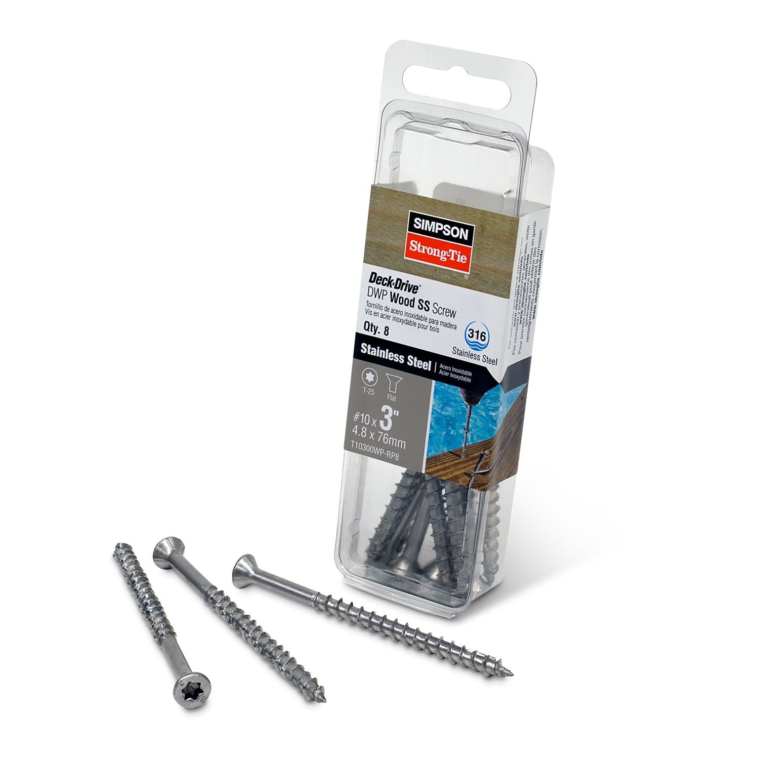 Simpson Strong-Tie T10300WP-RP8 Deck-Drive DWP WOOD SS Screw,  #10 x 3-in. T-25, Flat Head, Type 316, 8-Pack