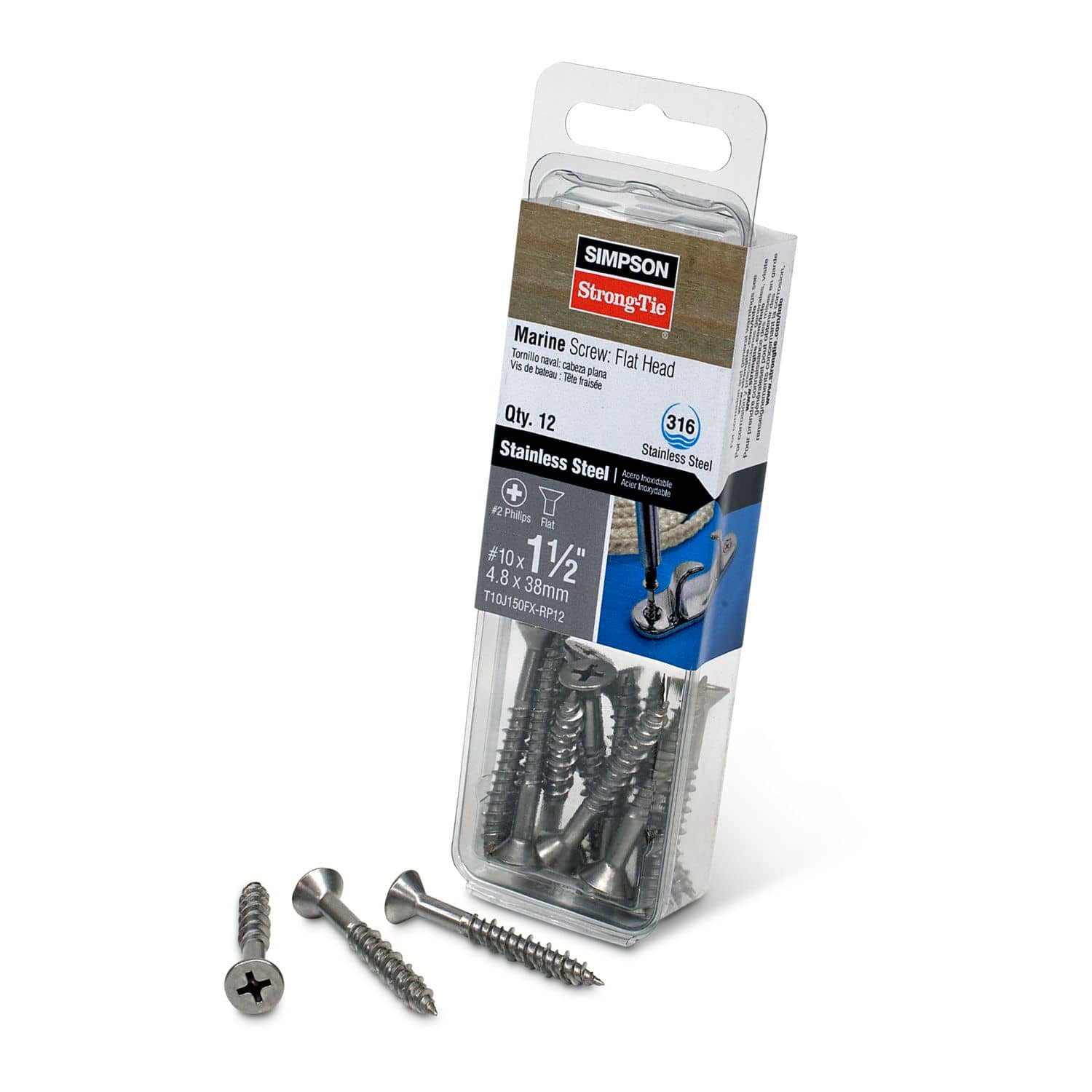 Simpson Strong-Tie T10J150FX-RP12 Marine Screw, Flat Head,  #10 x 1-1/2-in. #2 Phillips Drive, Type 316, 12-Pack