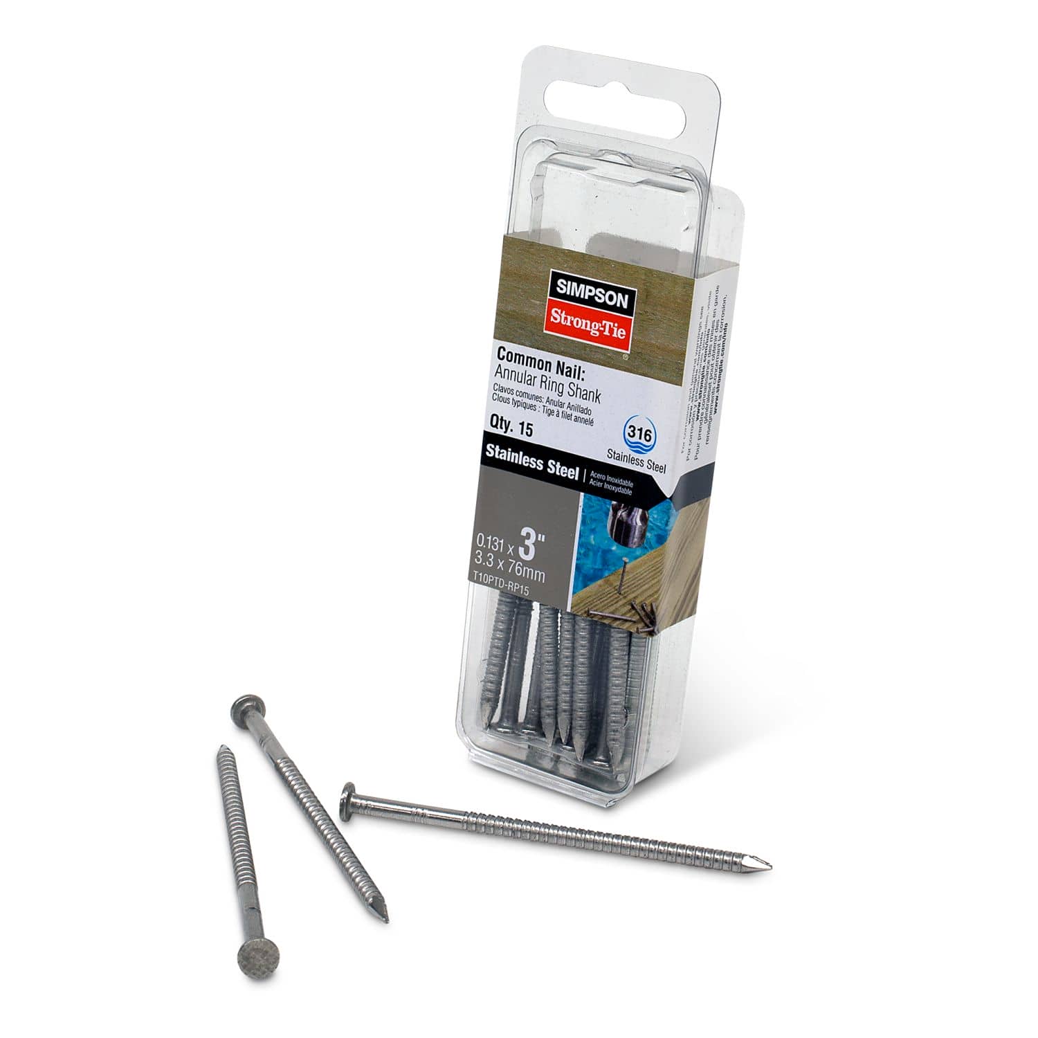Simpson Strong-Tie T10PTD-RP15 Preservative-Treated Wood Decking Nail, Ring Shank,  3-in. x .131-in. Type 316, 15-Pack