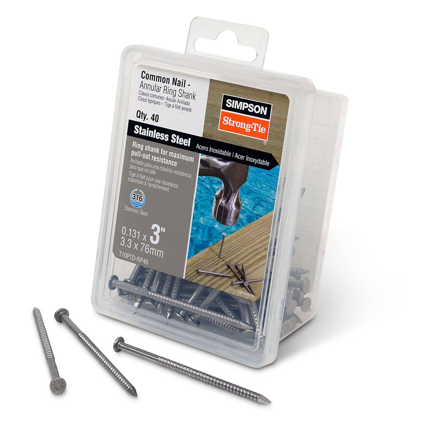 Simpson Strong-Tie T10PTD-RP40 Preservative-Treated Wood Decking Nail, Ring Shank,  3-in. x .131-in. Type 316, 40-Pack
