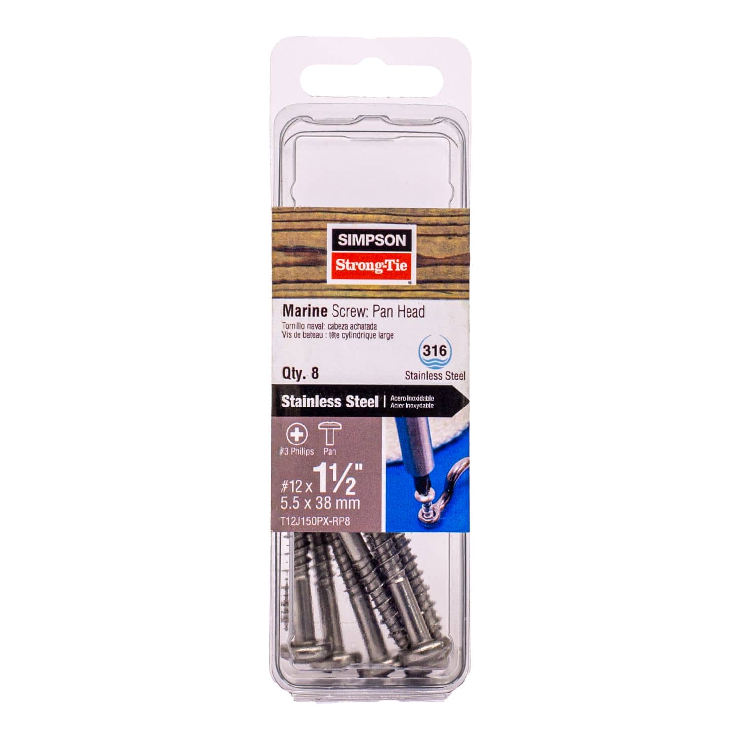 Simpson Strong-Tie T12J150PX-RP8 Marine Screw, Pan Head,  #12 x 1-1/2-in. #3 Phillips Drive, Type 316, 8-Pack