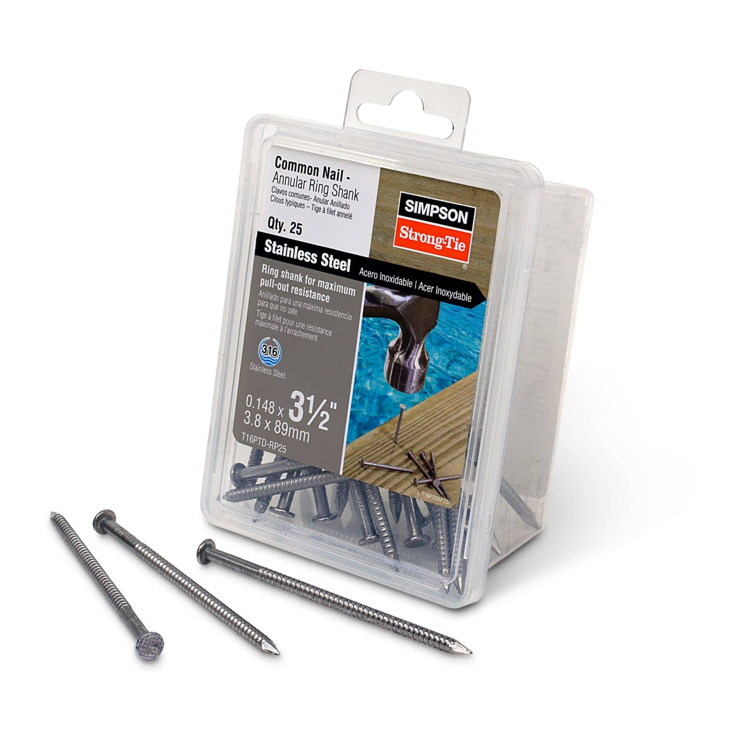 Simpson Strong-Tie T16PTD-RP25 Preservative-Treated Wood Decking Nail, Ring Shank,  3-1/2-in. x .148-in. Type 316, 25-Pack