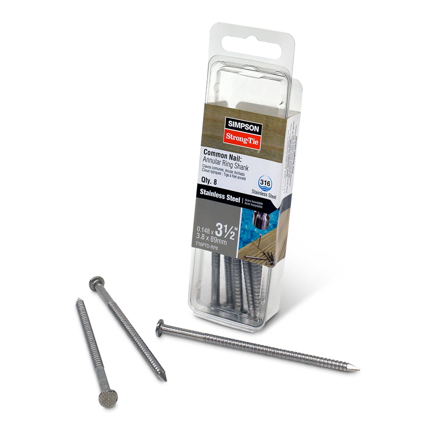 Simpson Strong-Tie T16PTD-RP8 Preservative-Treated Wood Decking Nail, Ring Shank,  3-1/2-in. x .148-in. Type 316, 8-Pack