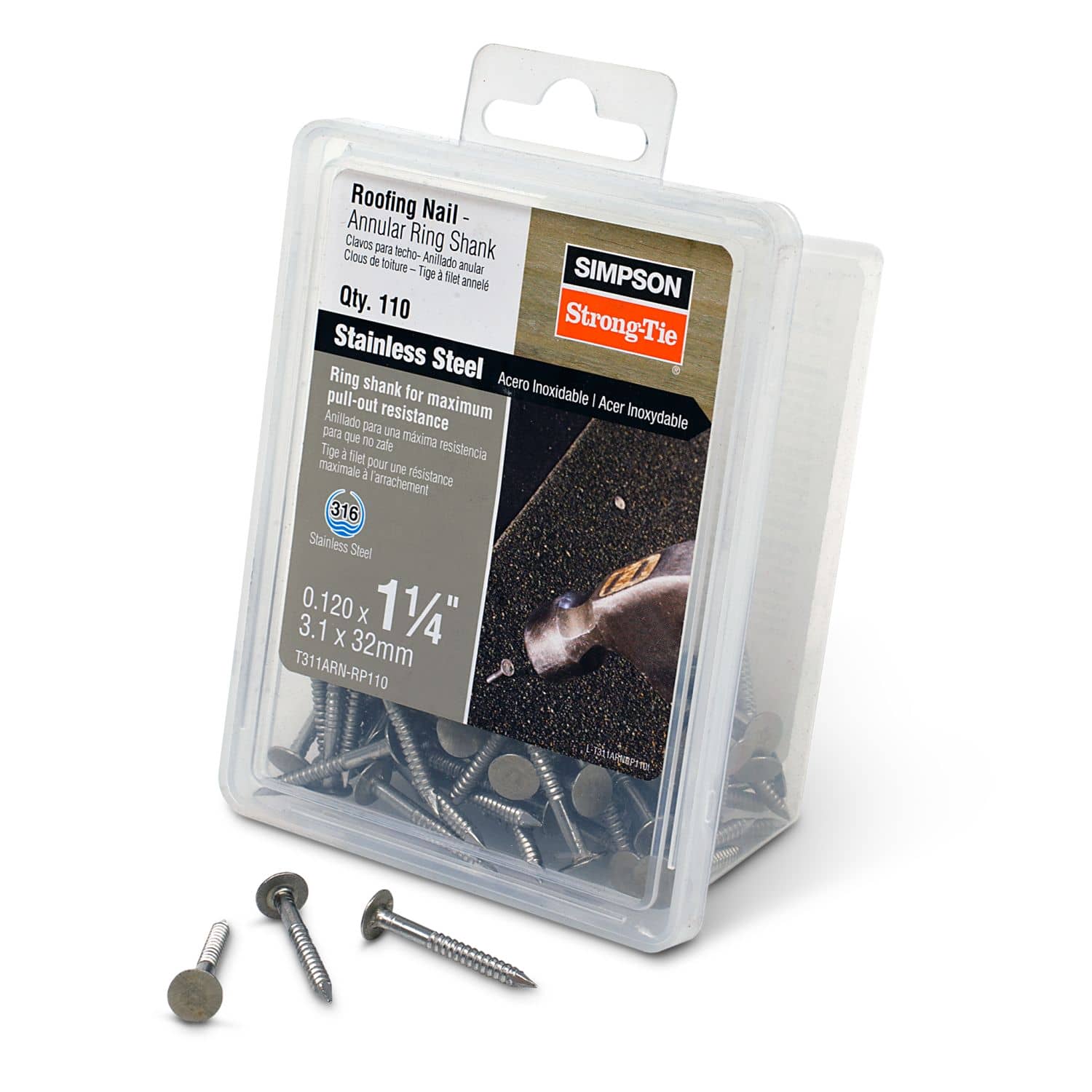 Simpson Strong-Tie T311ARN-RP110 Roofing Nail, Annular Ring Shank,  1-1/4-in. x .120-in. Type 316 Stainless Steel, 110-Pack