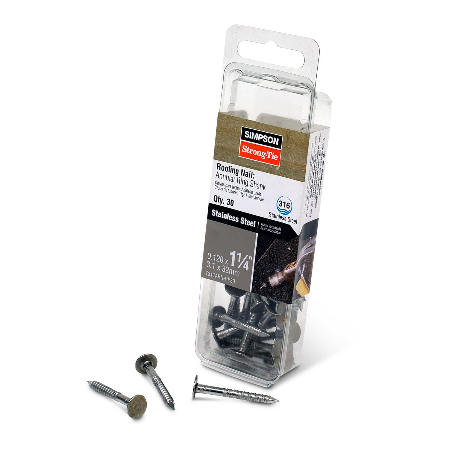 Simpson Strong-Tie T311ARN-RP30 Roofing Nail, Annular Ring Shank,  1-1/4-in. x .120-in. Type 316 Stainless Steel, 30-Pack