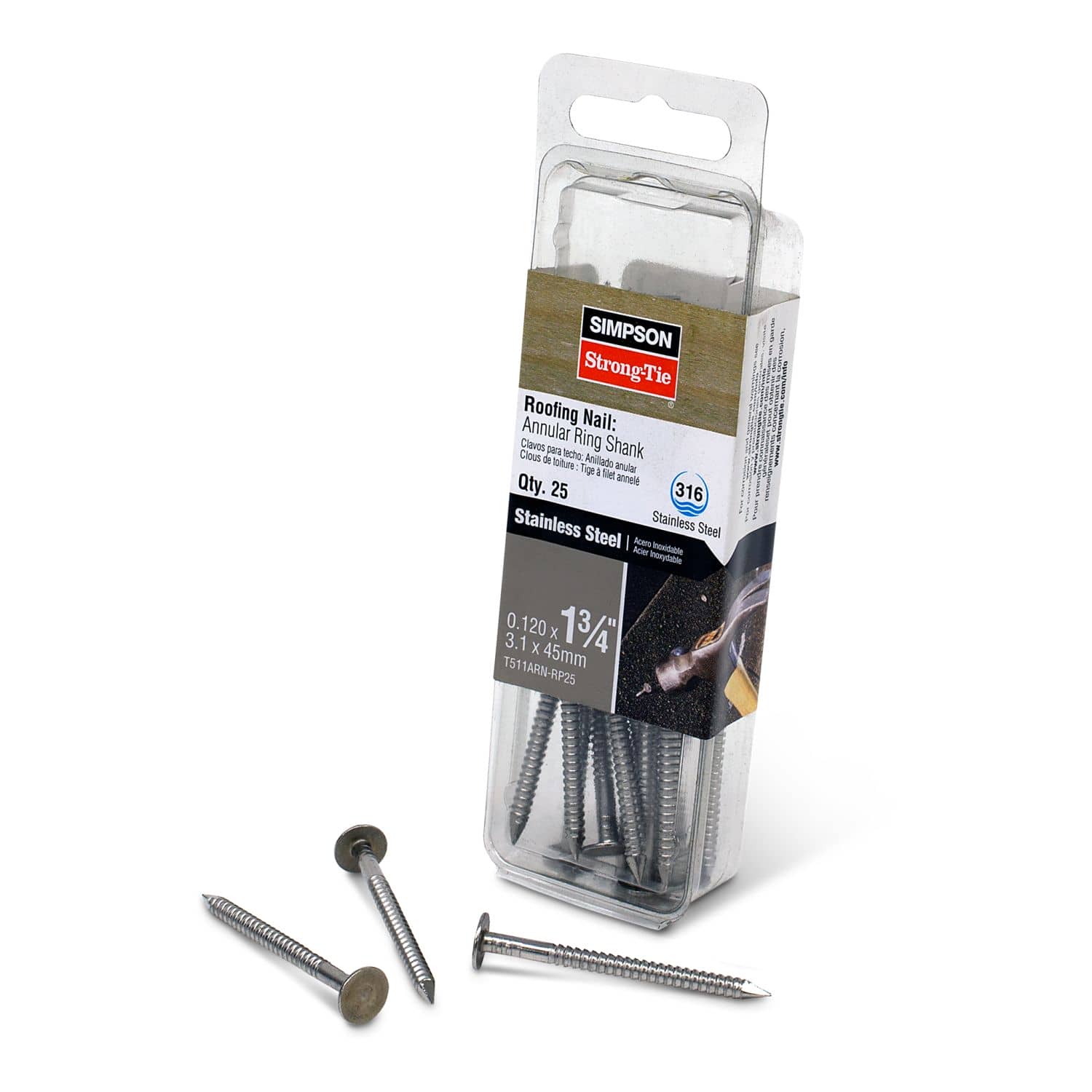 Simpson Strong-Tie T511ARN-RP25 Roofing Nail, Annular Ring Shank,  1-3/4-in. x .120-in. Type 316 Stainless Steel, 25-Pack