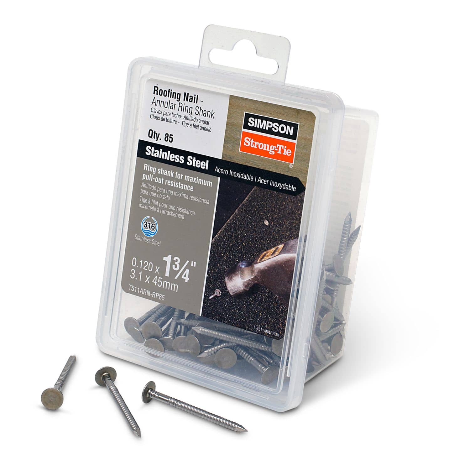 Simpson Strong-Tie T511ARN-RP85 Roofing Nail, Annular Ring Shank,  1-3/4-in. x .120-in. Type 316 Stainless Steel, 85-Pack