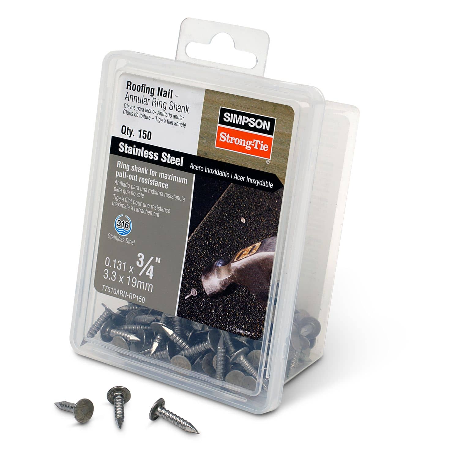 Simpson Strong-Tie T7510ARN-RP150 Roofing Nail, Annular Ring Shank,  3/4-in. x .131-in. Type 316 Stainless Steel, 150-Pack