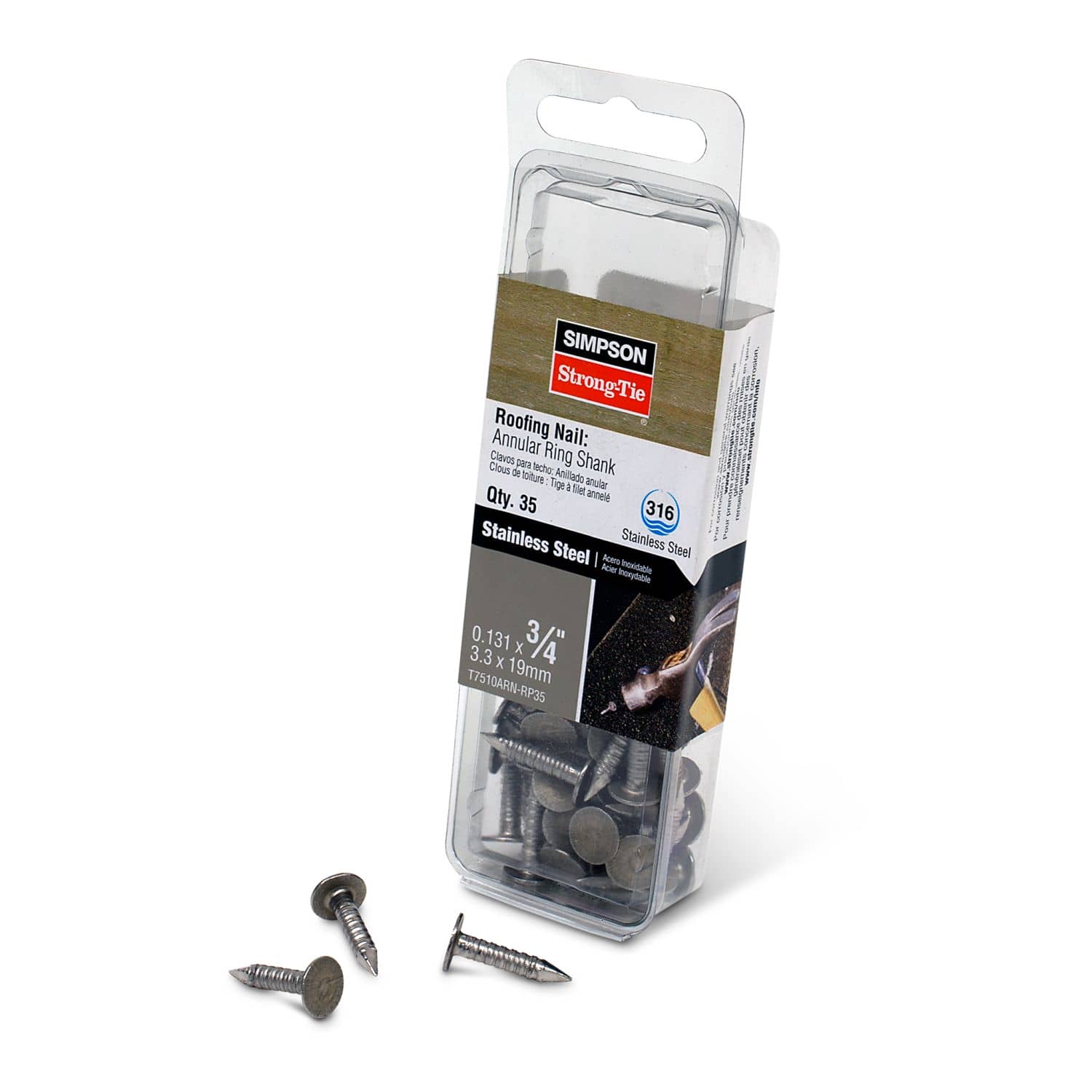 Simpson Strong-Tie T7510ARN-RP35 Roofing Nail, Annular Ring Shank,  3/4-in. x .131-in. Type 316 Stainless Steel, 35-Pack