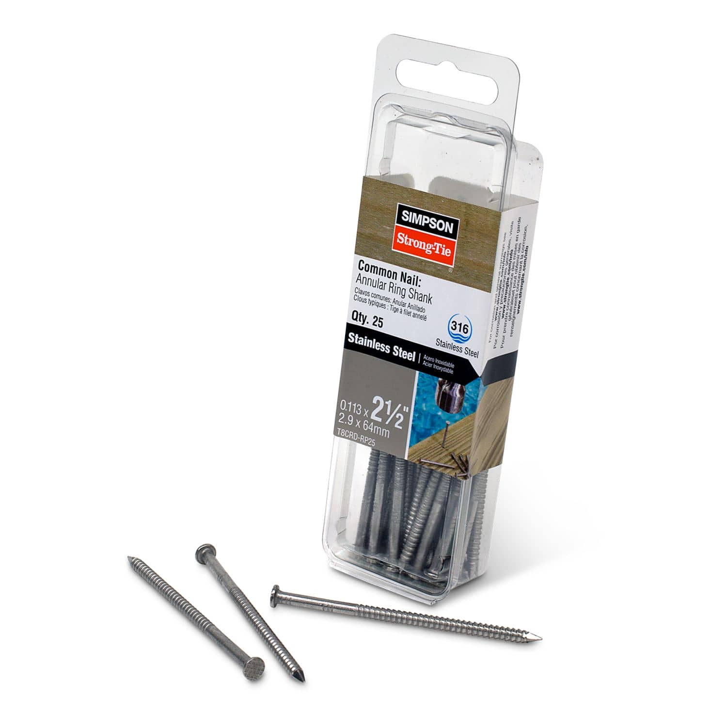 Simpson Strong-Tie T8CRD-RP25 Cedar and Redwood Decking Nail,  2-1/2-in. x .113-in. Type 316 Stainless Steel, 25-Pack