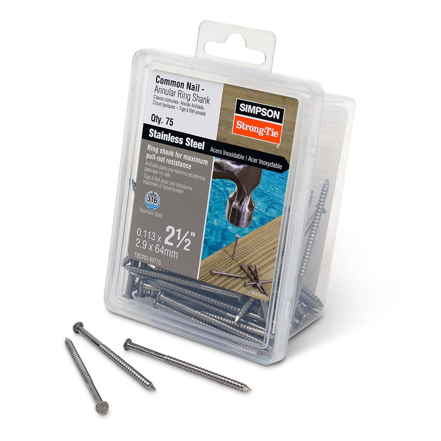 Simpson Strong-Tie T8CRD-RP75 Cedar and Redwood Decking Nail,  2-1/2-in. x .113-in. Type 316 Stainless Steel, 75-Pack