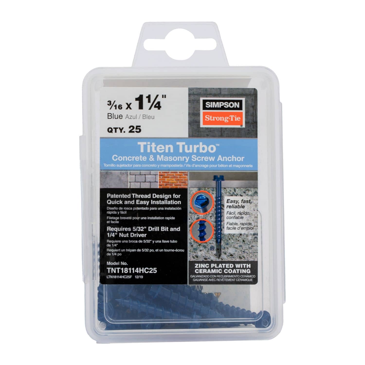 Simpson Strong-Tie TNT18114H Titen Turbo,  3/16-in. x 1-1/4-in. Hex-Head Concrete and Masonry Screw, Blue, 100-Pack