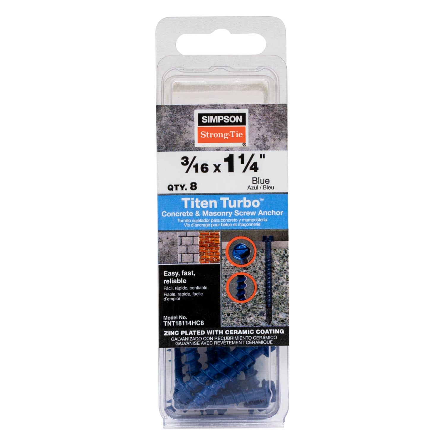Simpson Strong-Tie TNT18114H Titen Turbo,  3/16-in. x 1-1/4-in. Hex-Head Concrete and Masonry Screw, Blue, 100-Pack