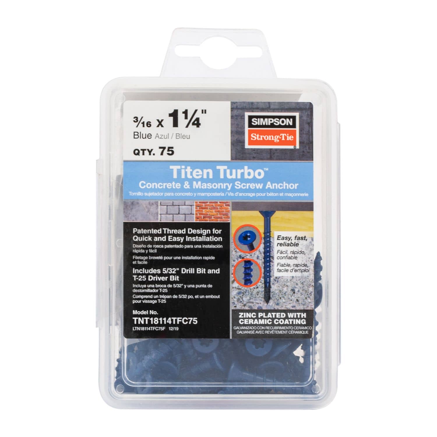 Simpson Strong-Tie TNT18114TFC75 Titen Turbo,  3/16-in. x 1-1/4-in. 6-Lobe Flat-Head Concrete and Masonry Screw, Blue, 75-Pack