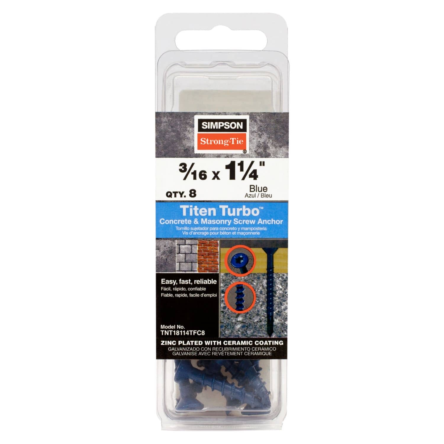 Simpson Strong-Tie TNT18114TFC8 Titen Turbo,  3/16-in. x 1-1/4-in. 6-Lobe Flat-Head Concrete and Masonry Screw, Blue, 8-Pack