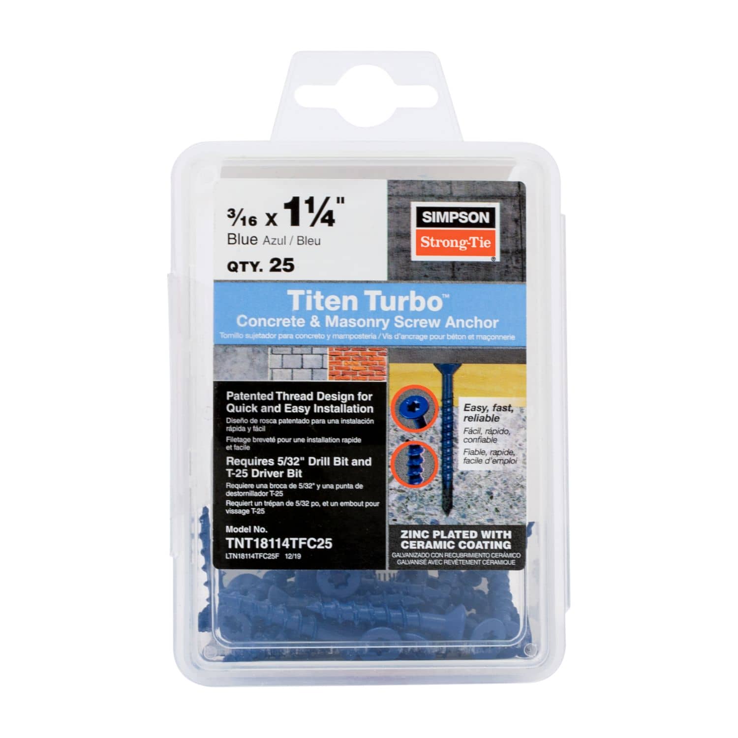 Simpson Strong-Tie TNT18114TF Titen Turbo,  3/16-in. x 1-1/4-in. 6-Lobe Flat-Head Concrete and Masonry Screw, Blue, 100-Pack