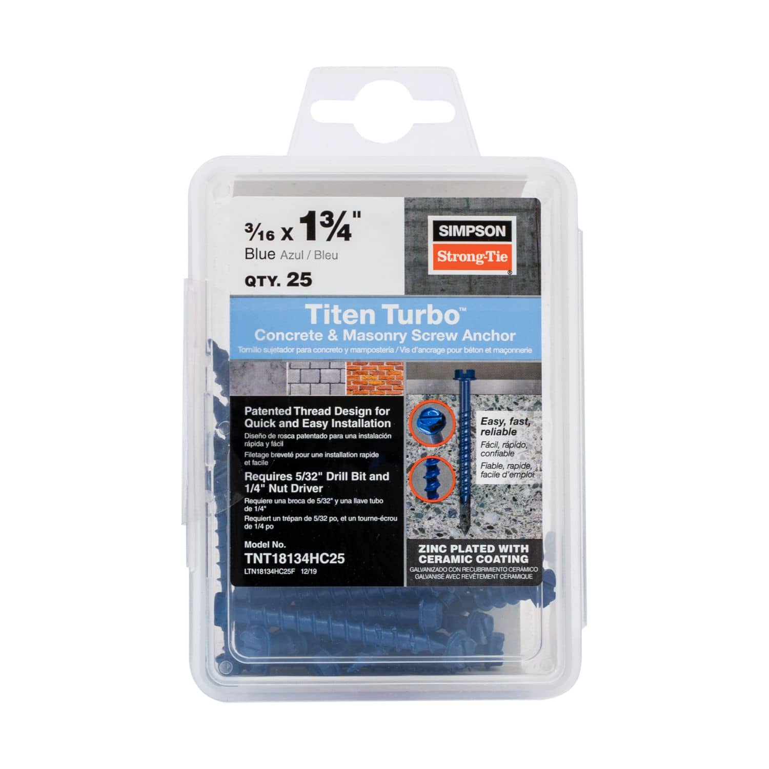Simpson Strong-Tie TNT18134HC25 Titen Turbo,  3/16-in. x 1-3/4-in. Hex-Head Concrete and Masonry Screw, Blue, 25-Pack