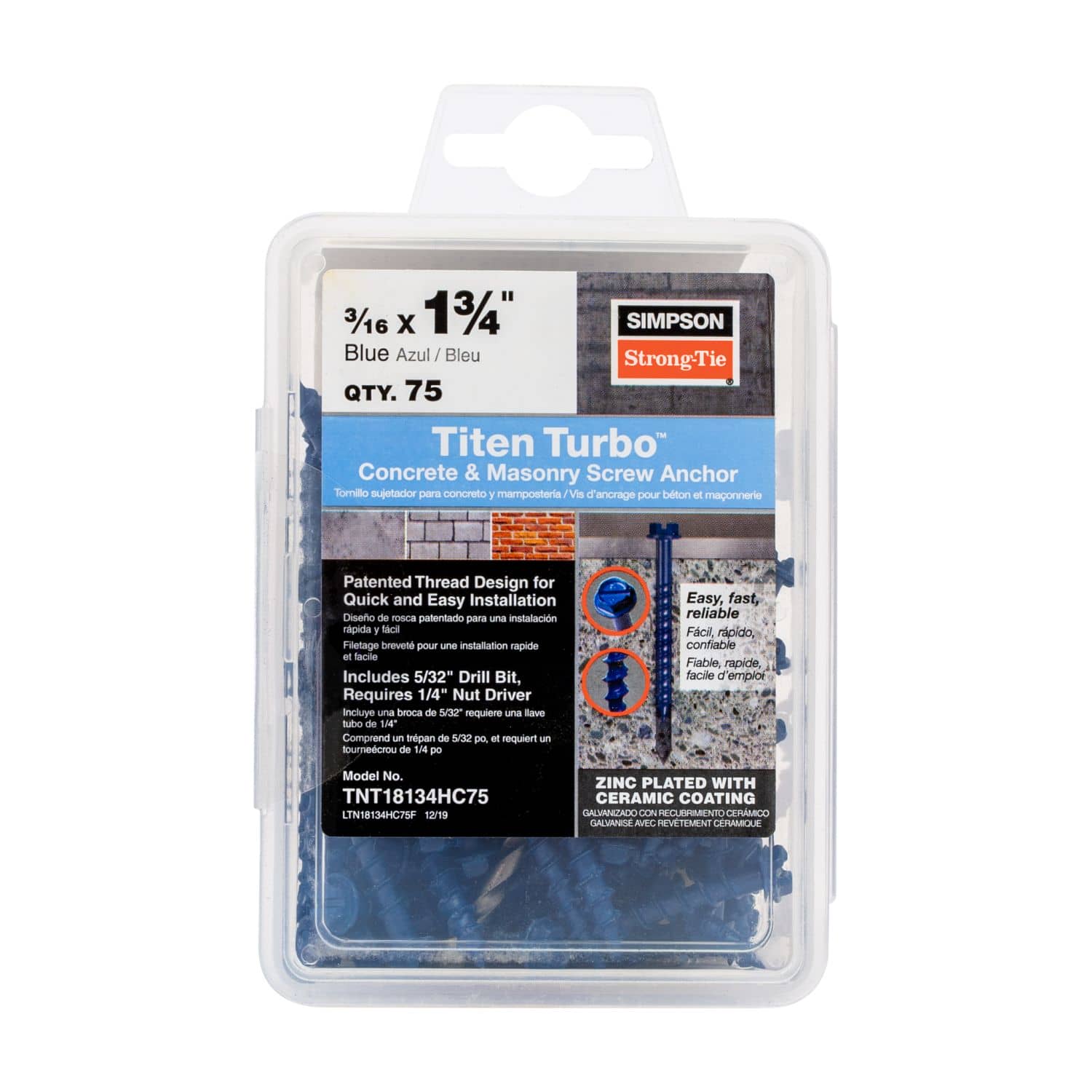 Simpson Strong-Tie TNT18134HC75 Titen Turbo,  3/16-in. x 1-3/4-in. Hex-Head Concrete and Masonry Screw, Blue, 75-Pack