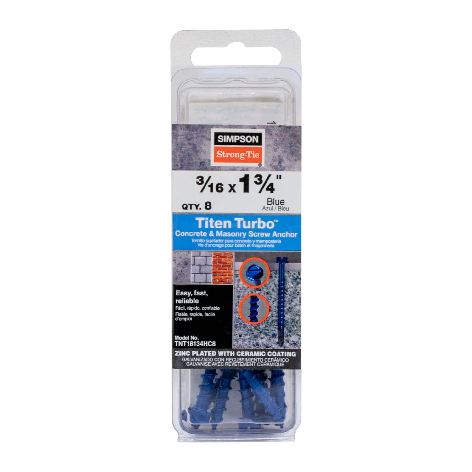 Simpson Strong-Tie TNT18134HC8 Titen Turbo,  3/16-in. x 1-3/4-in. Hex-Head Concrete and Masonry Screw, Blue, 8-Pack
