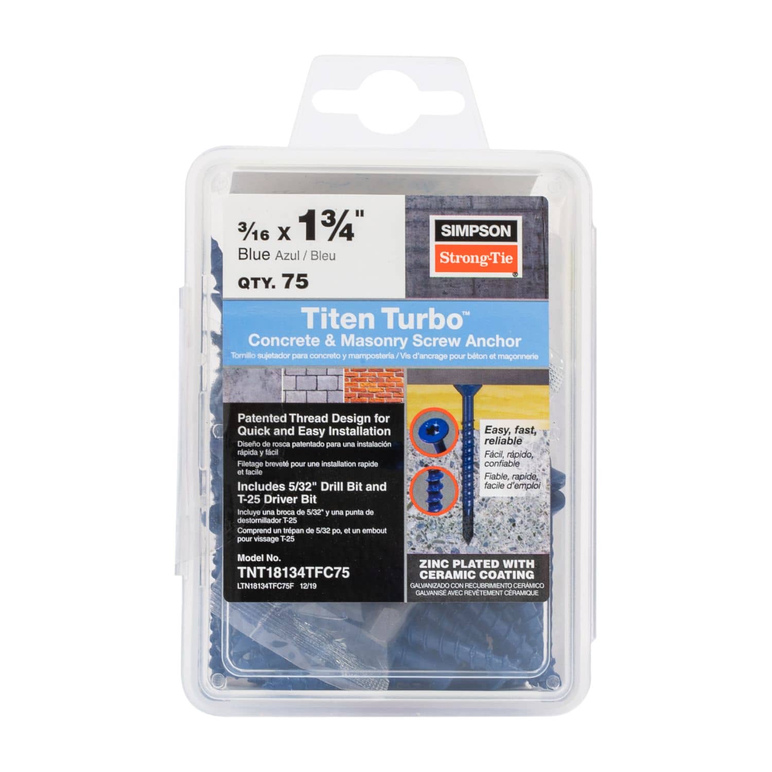 Simpson Strong-Tie TNT18134TFC75 Titen Turbo,  3/16-in. x 1-3/4-in. 6-Lobe Flat-Head Concrete and Masonry Screw, Blue, 75-Pack