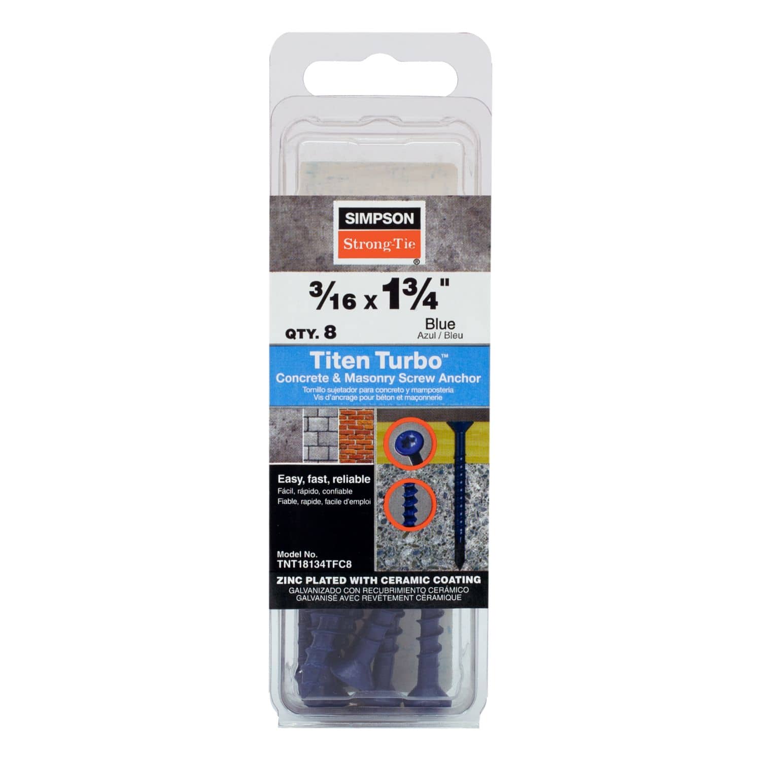 Simpson Strong-Tie TNT18134TFC8 Titen Turbo,  3/16-in. x 1-3/4-in. 6-Lobe Flat-Head Concrete and Masonry Screw, Blue, 8-Pack