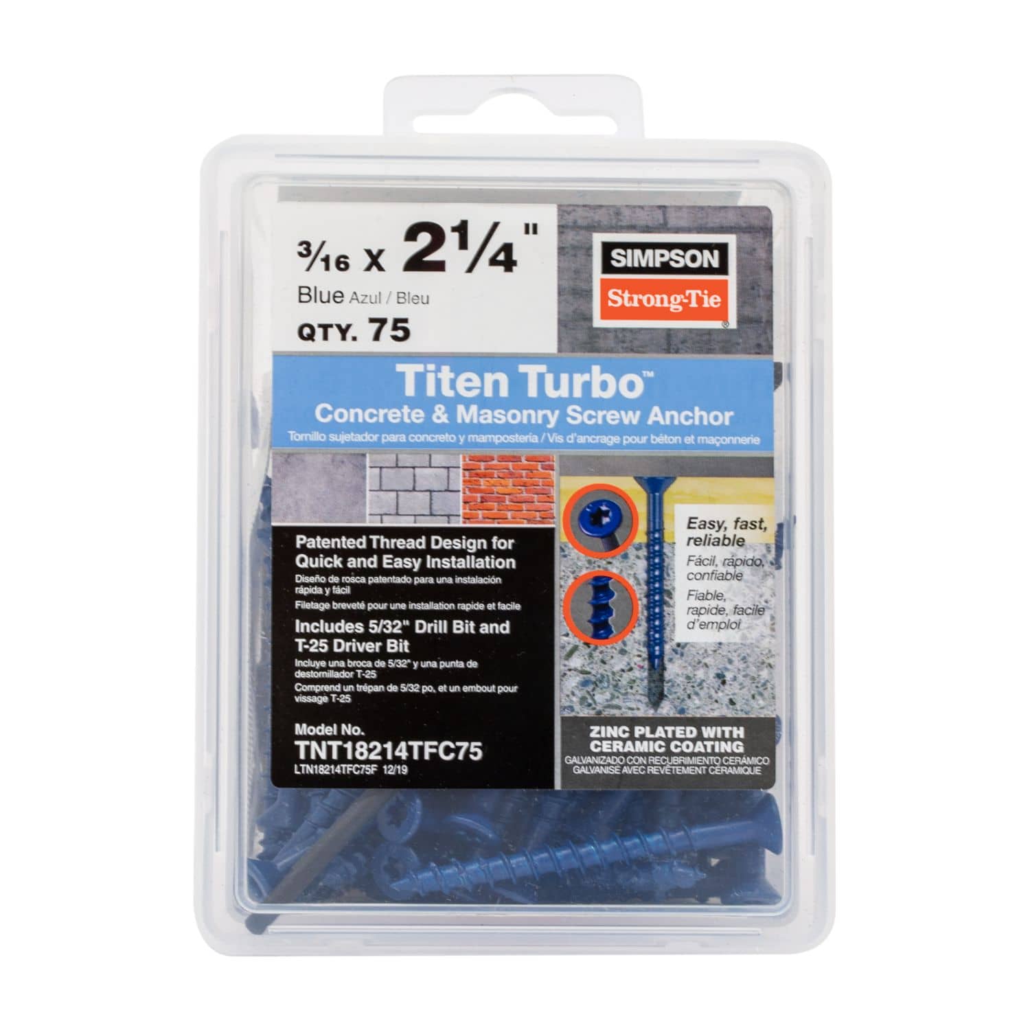 Simpson Strong-Tie TNT18214TFC75 Titen Turbo,  3/16-in. x 2-1/4-in. 6-Lobe Flat-Head Concrete and Masonry Screw, Blue, 75-Pack