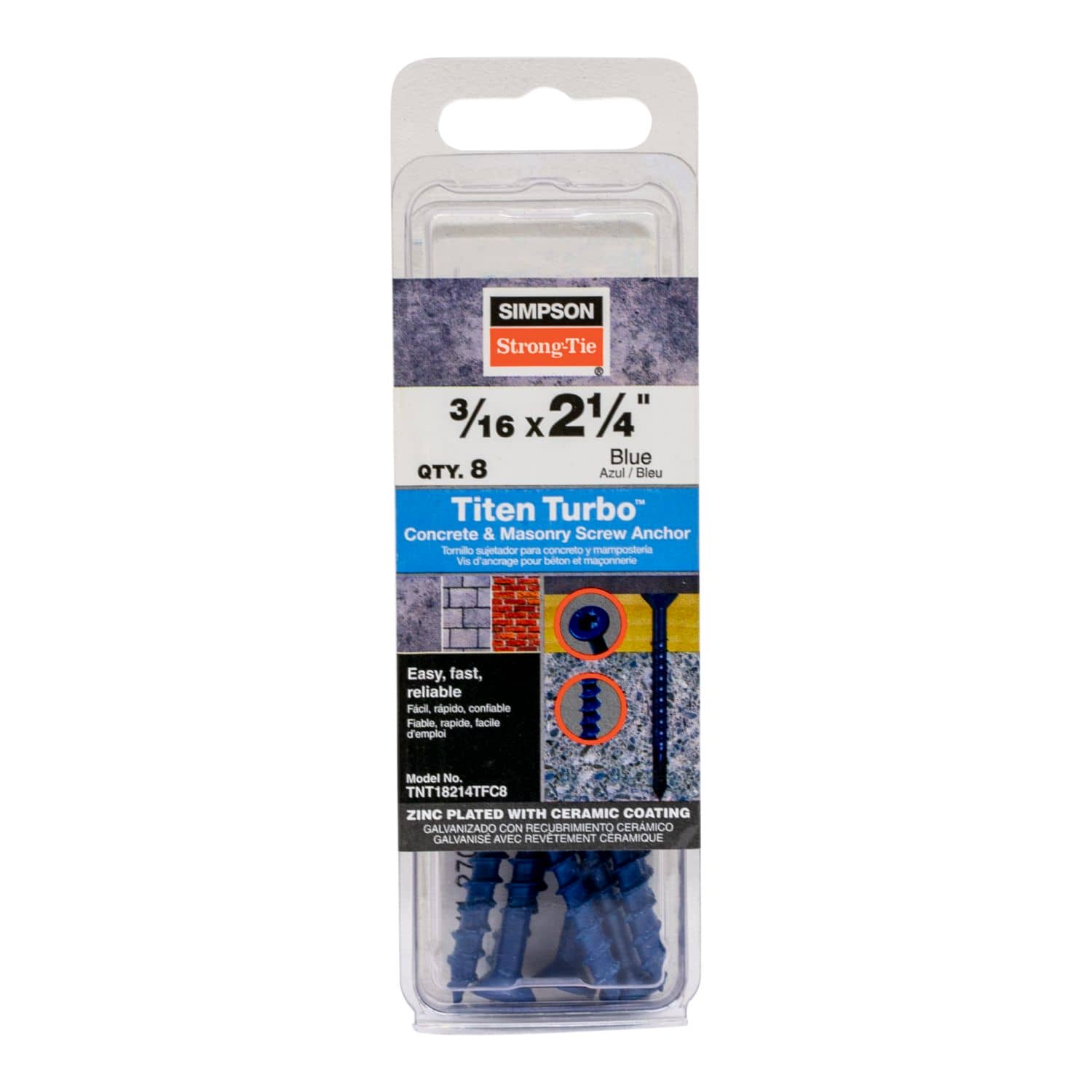 Simpson Strong-Tie TNT18214TFC8 Titen Turbo,  3/16-in. x 2-1/4-in. 6-Lobe Flat-Head Concrete and Masonry Screw, Blue, 8-Pack