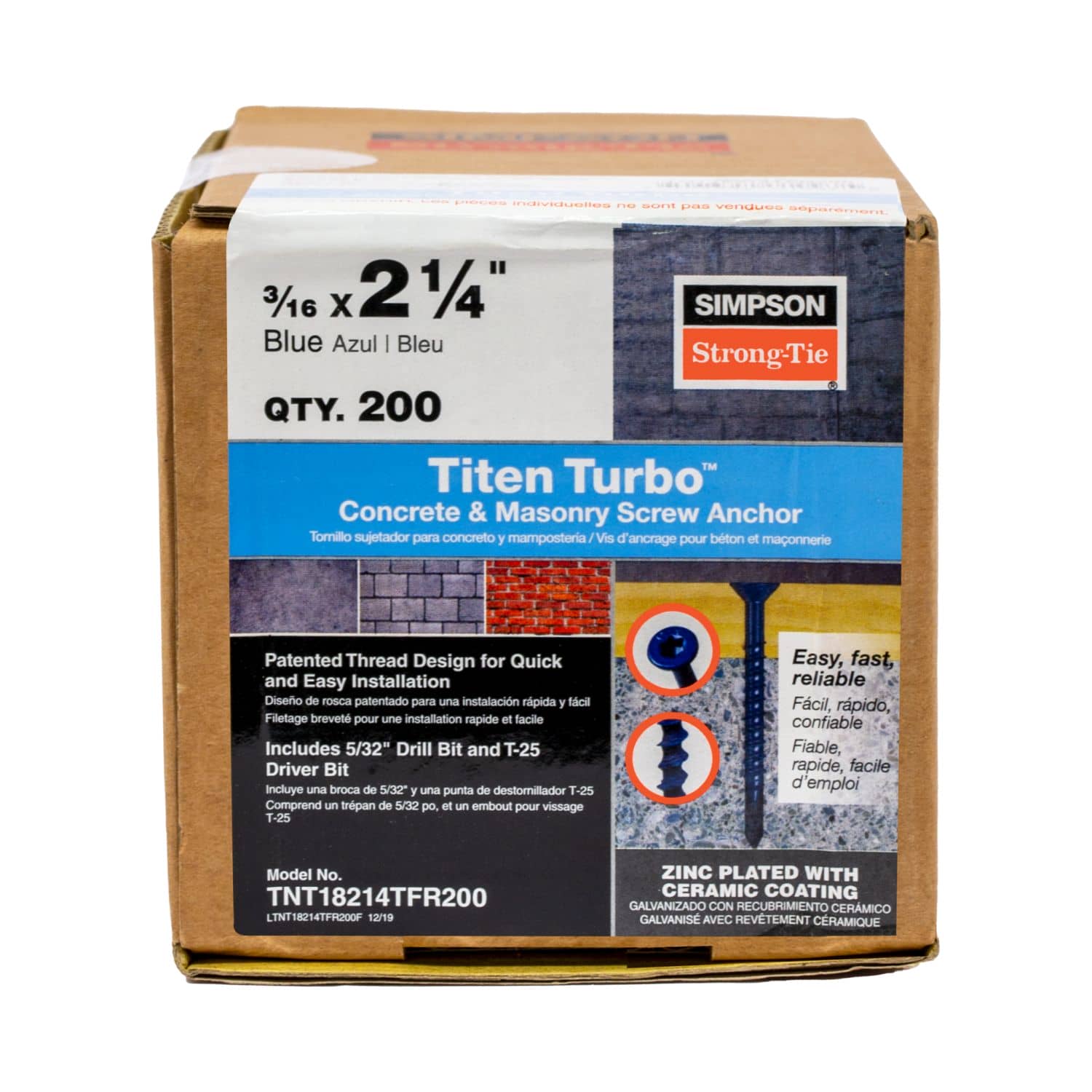 Simpson Strong-Tie TNT18214TFR200 Titen Turbo,  3/16-in. x 2-1/4-in. 6-Lobe Flat-Head Concrete and Masonry Screw, Blue, 200-Pack