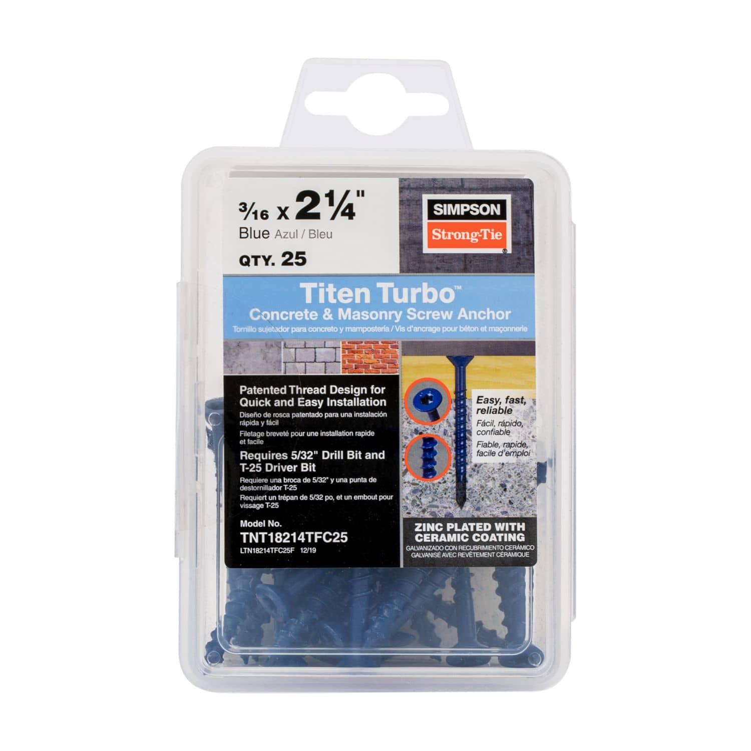 Simpson Strong-Tie TNT18214TF Titen Turbo,  3/16-in. x 2-1/4-in. 6-Lobe Flat-Head Concrete and Masonry Screw, Blue, 100-Pack