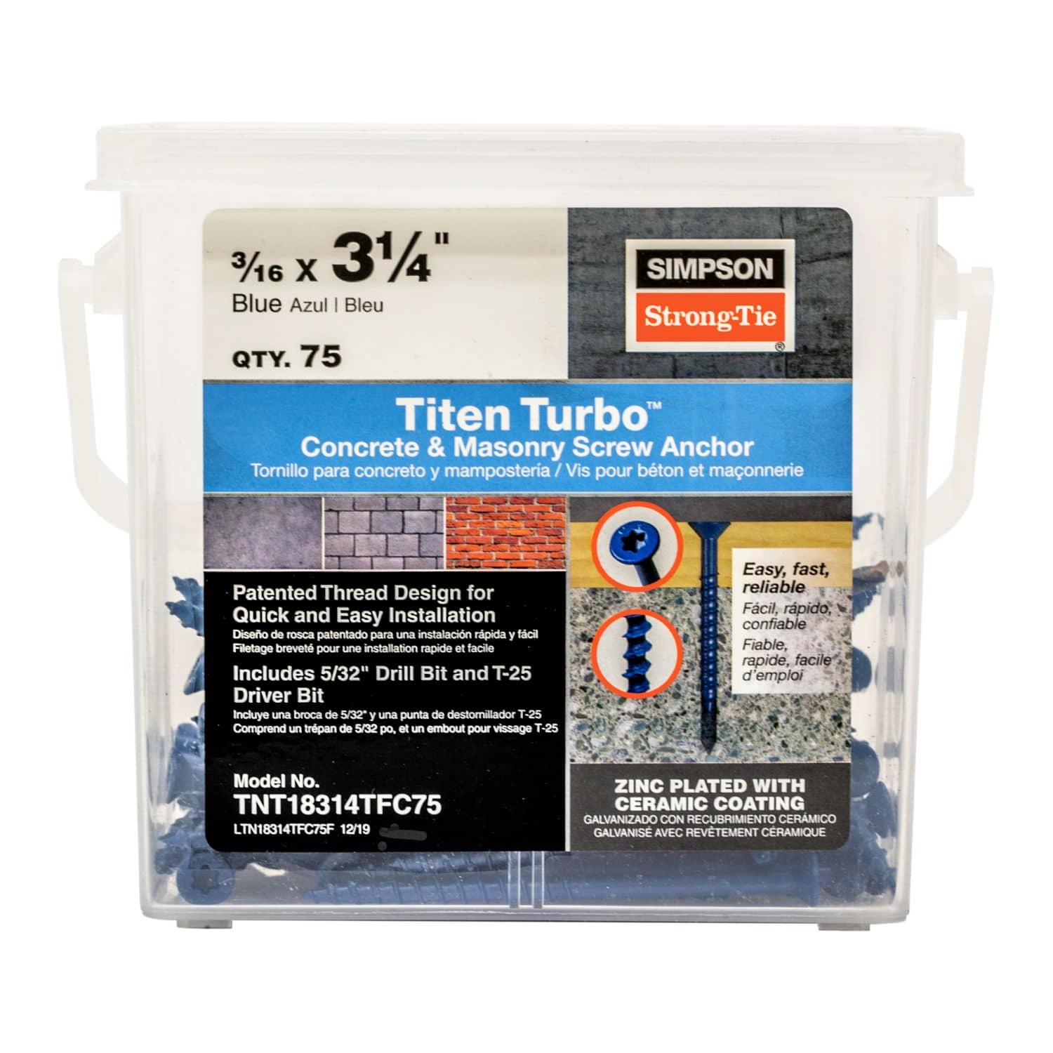 Simpson Strong-Tie TNT18314TFC75 Titen Turbo,  3/16-in. x 3-1/4-in. 6-Lobe Flat-Head Concrete and Masonry Screw, Blue, 75-Pack