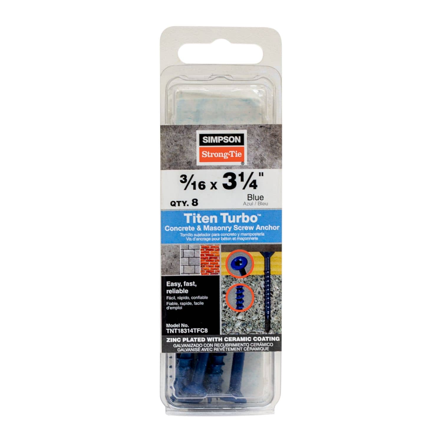 Simpson Strong-Tie TNT18314TFC8 Titen Turbo,  3/16-in. x 3-1/4-in. 6-Lobe Flat-Head Concrete and Masonry Screw, Blue, 8-Pack