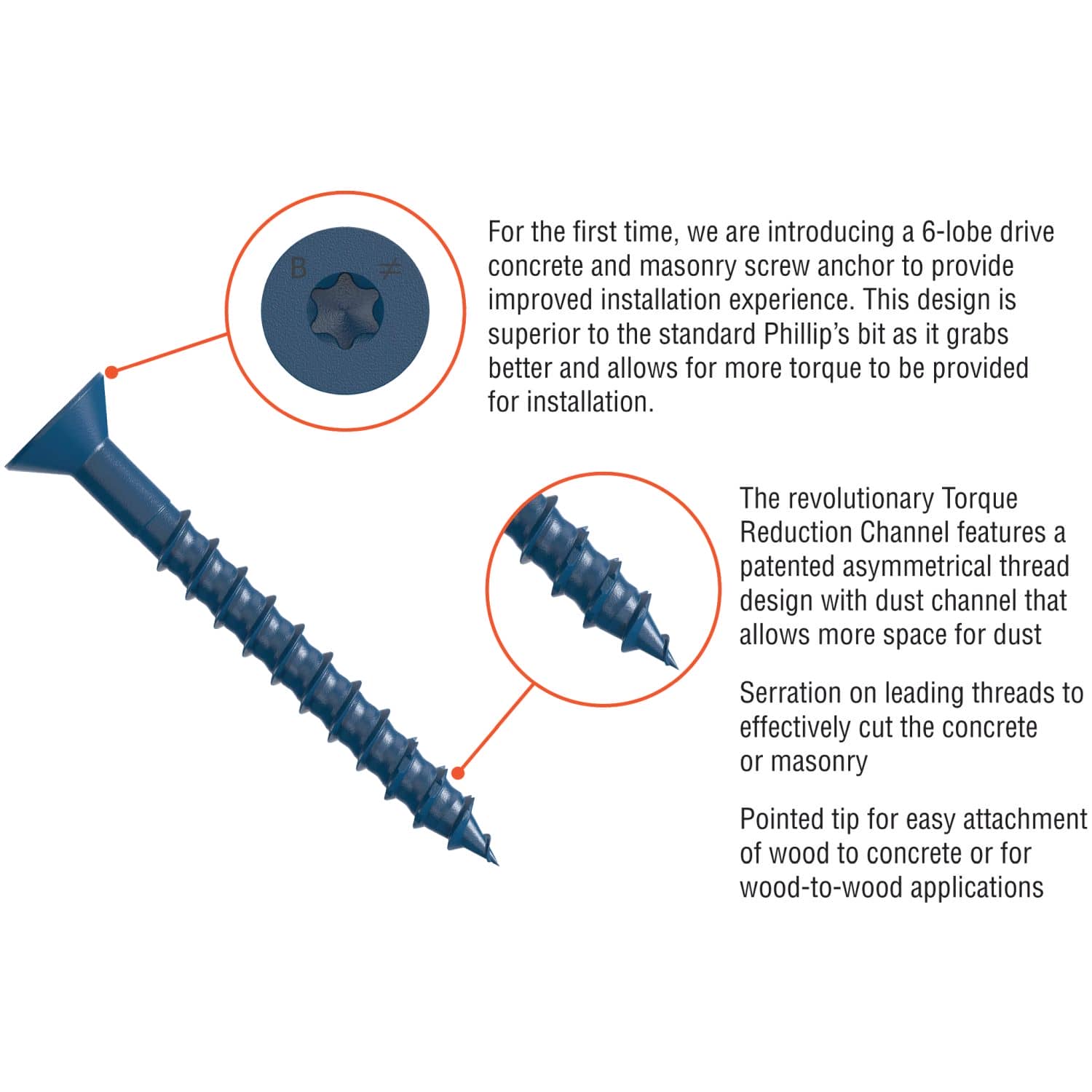 Simpson Strong-Tie TNT18314TFC8 Titen Turbo,  3/16-in. x 3-1/4-in. 6-Lobe Flat-Head Concrete and Masonry Screw, Blue, 8-Pack