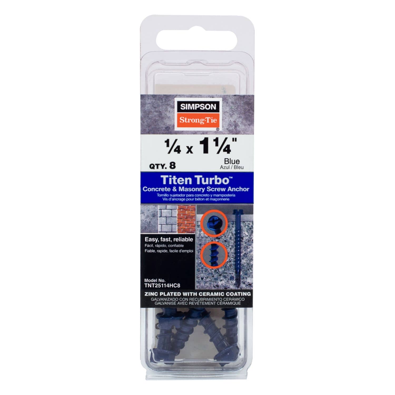Simpson Strong-Tie TNT25114HC8 Titen Turbo,  1/4-in. x 1-1/4-in. Hex-Head Concrete and Masonry Screw, Blue, 8-Pack