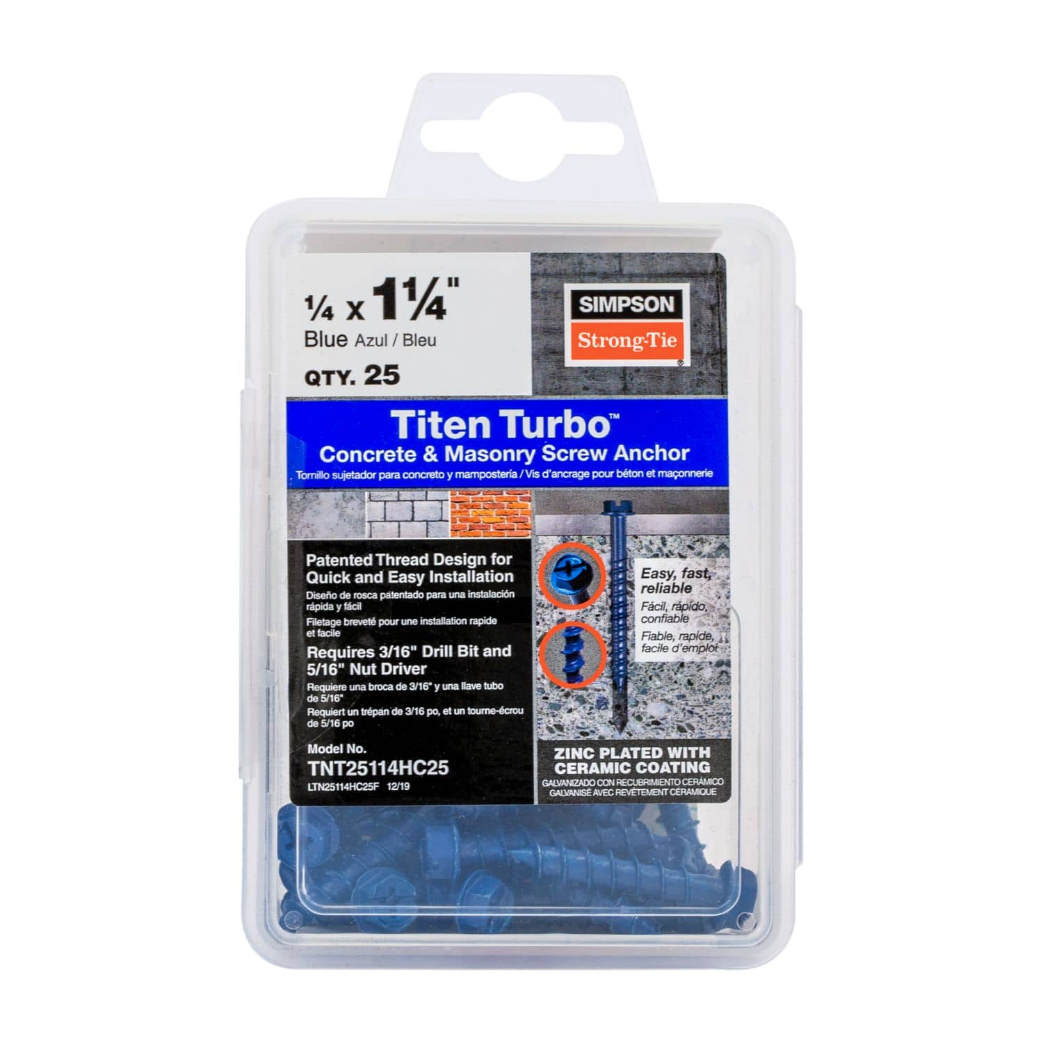 Simpson Strong-Tie TNT25114H Titen Turbo,  1/4-in. x 1-1/4-in. Hex-Head Concrete and Masonry Screw, Blue, 100-Pack