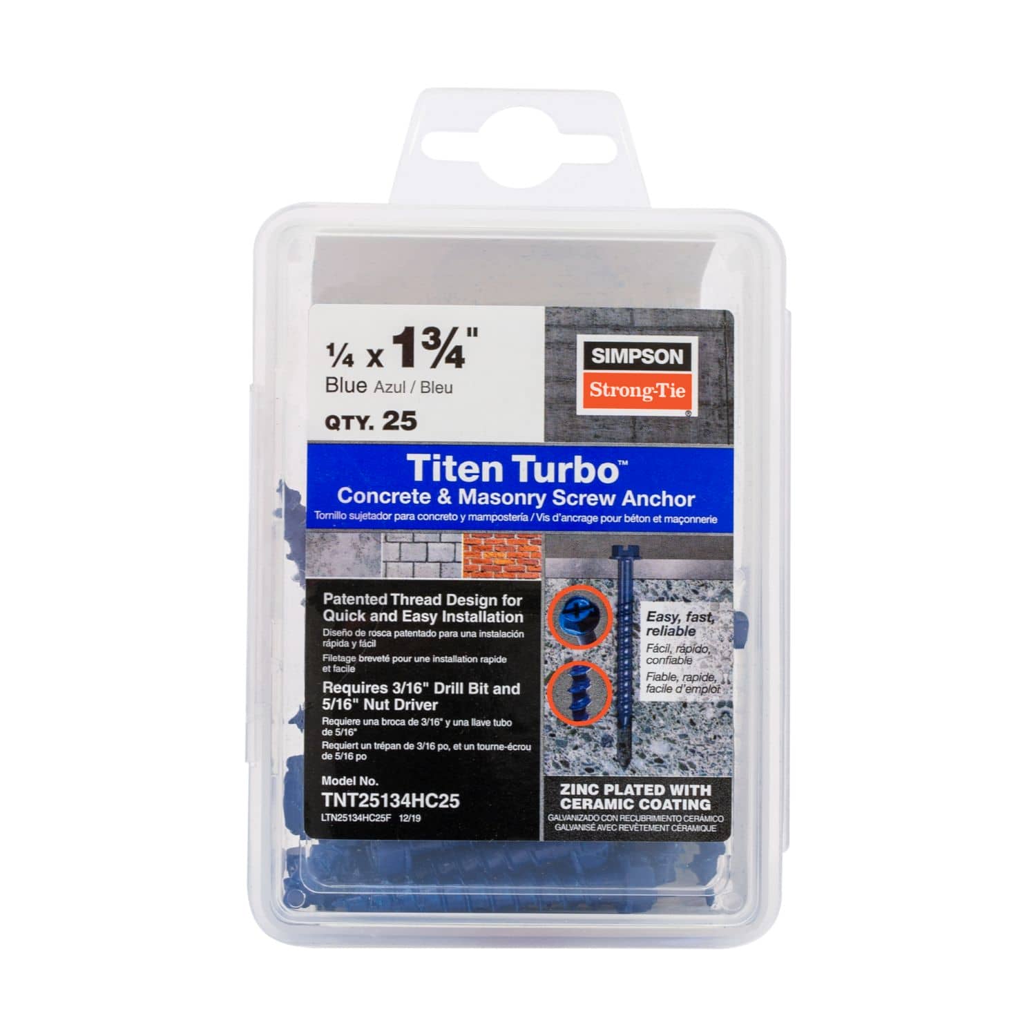 Simpson Strong-Tie TNT25134HC25 Titen Turbo,  1/4-in. x 1-3/4-in. Hex-Head Concrete and Masonry Screw, Blue, 25-Pack
