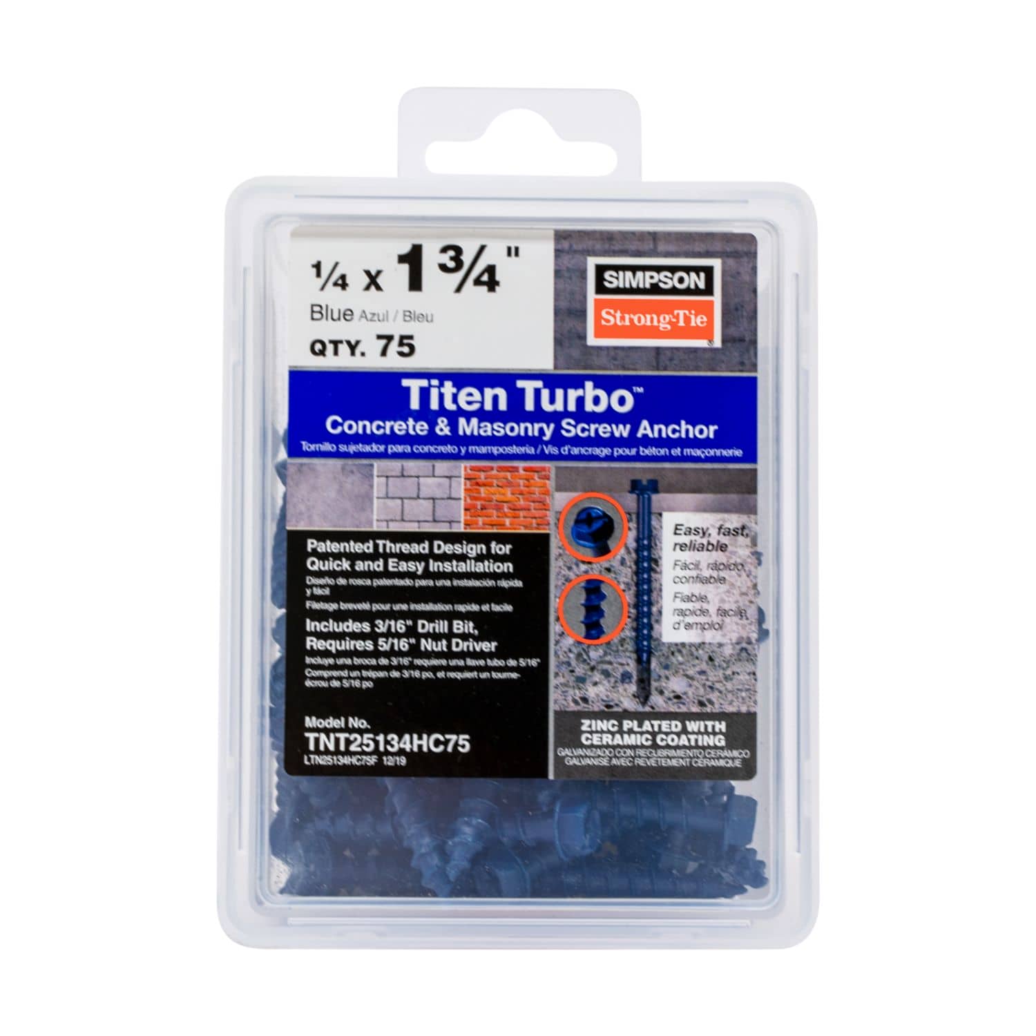 Simpson Strong-Tie TNT25134HC75 Titen Turbo,  1/4-in. x 1-3/4-in. Hex-Head Concrete and Masonry Screw, Blue, 75-Pack