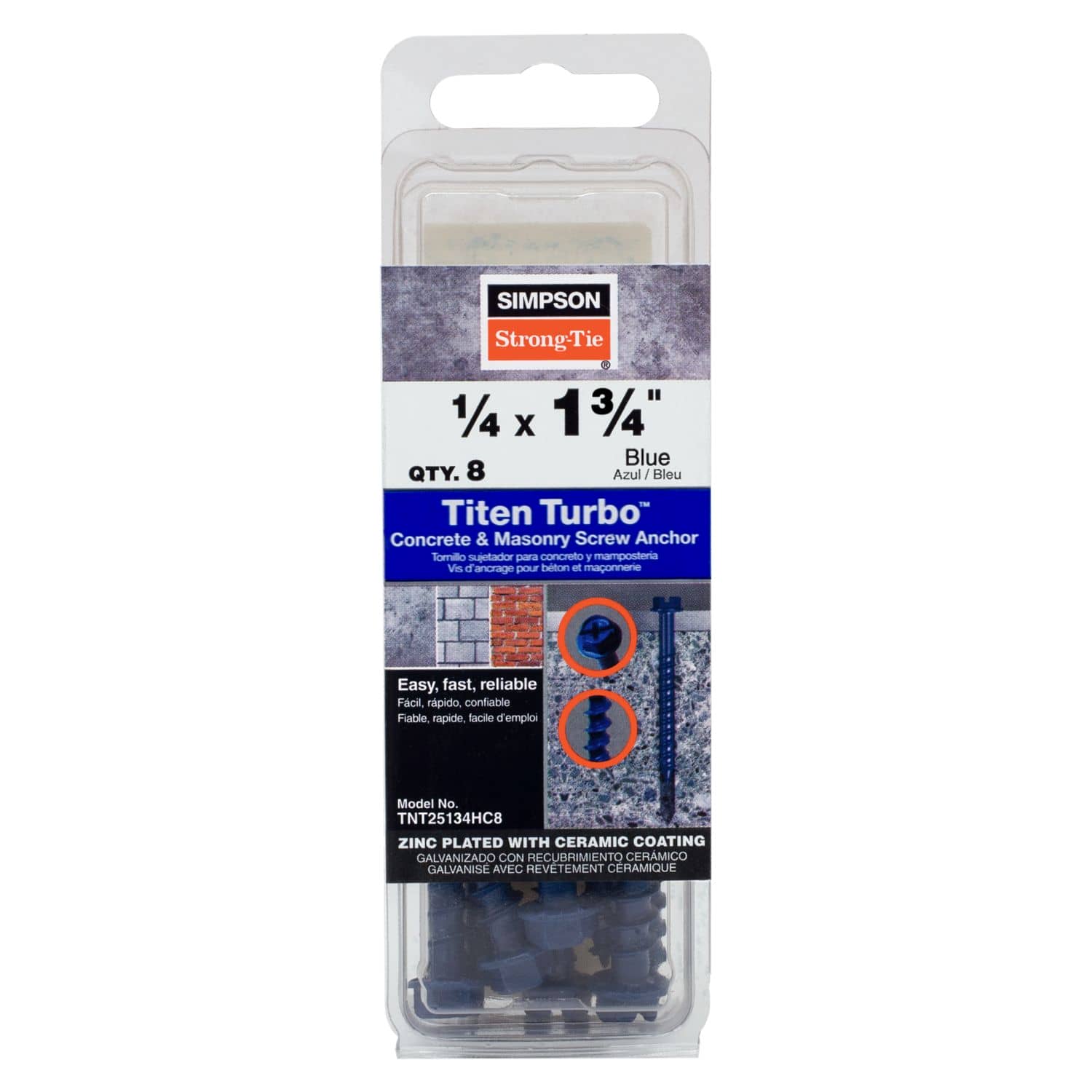 Simpson Strong-Tie TNT25134HC8 Titen Turbo,  1/4-in. x 1-3/4-in. Hex-Head Concrete and Masonry Screw, Blue, 8-Pack