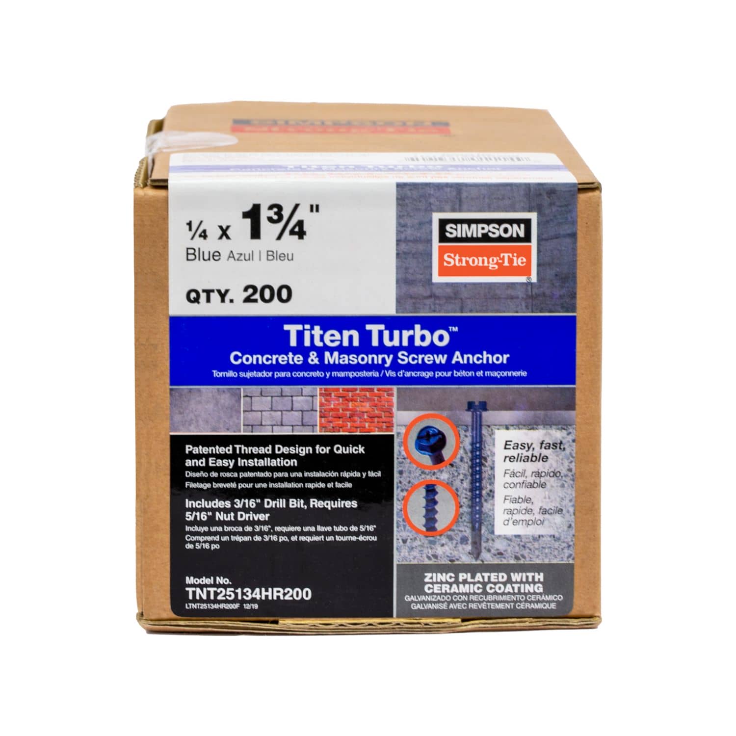Simpson Strong-Tie TNT25134HR200 Titen Turbo,  1/4-in. x 1-3/4-in. Hex-Head Concrete and Masonry Screw, Blue, 200-Pack