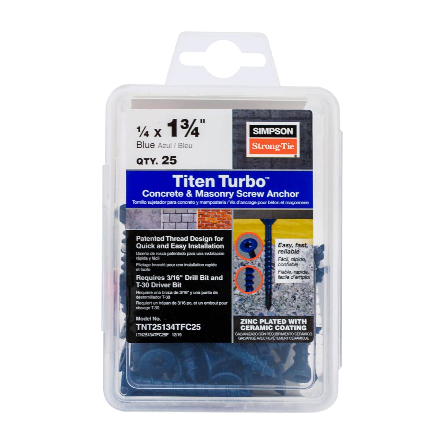 Simpson Strong-Tie TNT25134TFC25 Titen Turbo,  1/4-in. x 1-3/4-in. 6-Lobe Flat-Head Concrete and Masonry Screw, Blue, 25-Pack