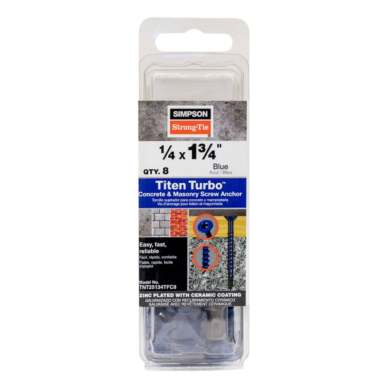 Simpson Strong-Tie TNT25134TFC8 Titen Turbo,  1/4-in. x 1-3/4-in. 6-Lobe Flat-Head Concrete and Masonry Screw, Blue, 8-Pack