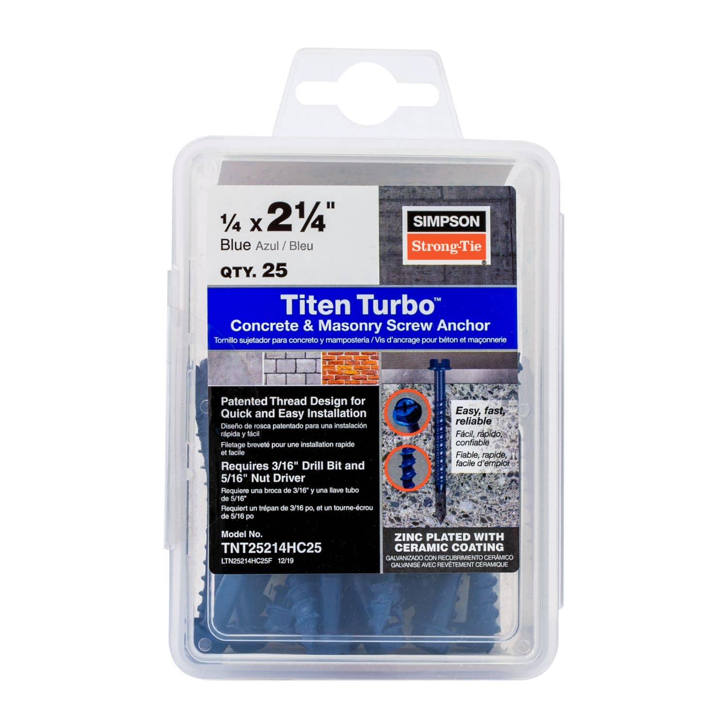 Simpson Strong-Tie TNT25214H Titen Turbo,  1/4-in. x 2-1/4-in. Hex-Head Concrete and Masonry Screw, Blue, 100-Pack