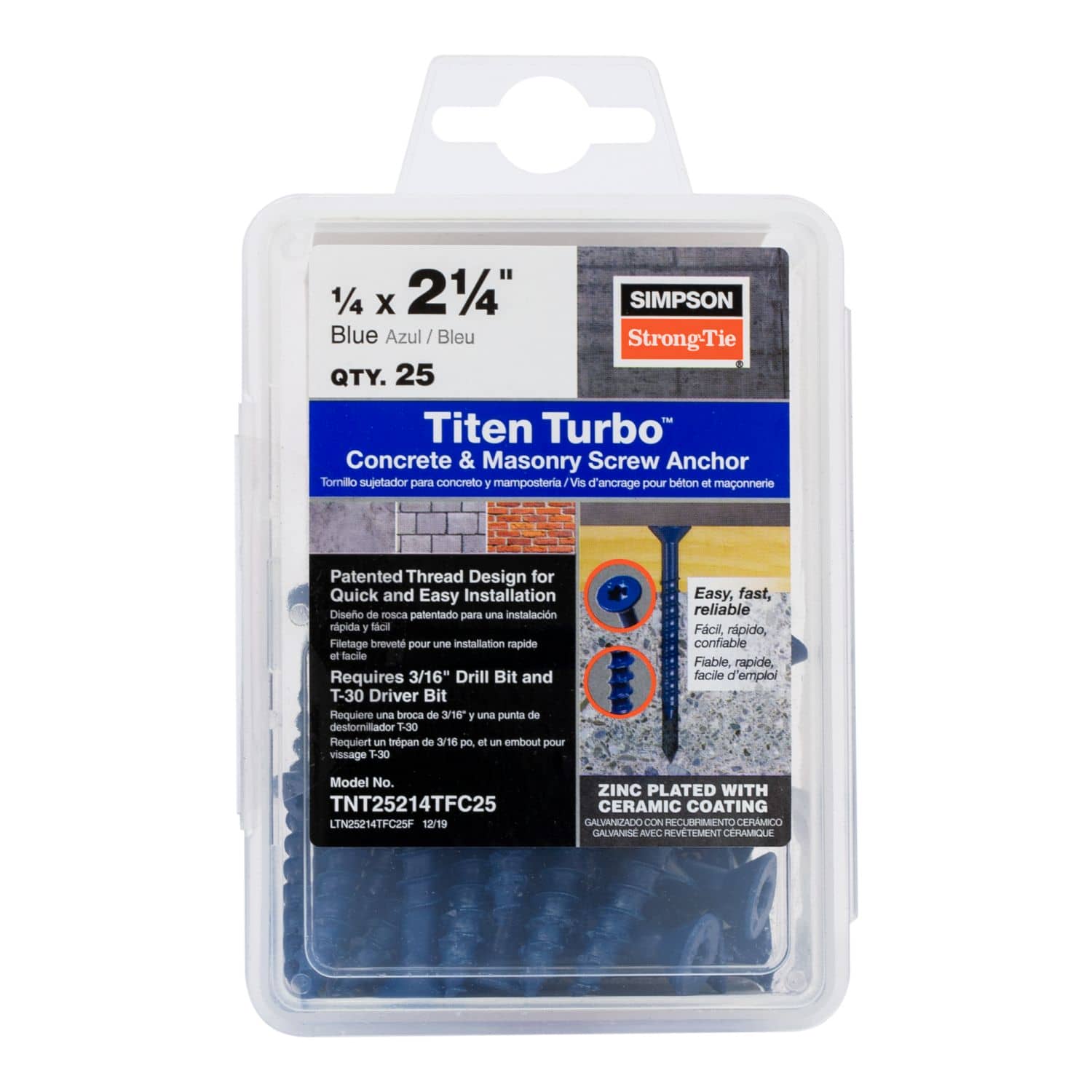 Simpson Strong-Tie TNT25214TF Titen Turbo,  1/4-in. x 2-1/4-in. 6-Lobe Flat-Head Concrete and Masonry Screw, Blue, 100-Pack